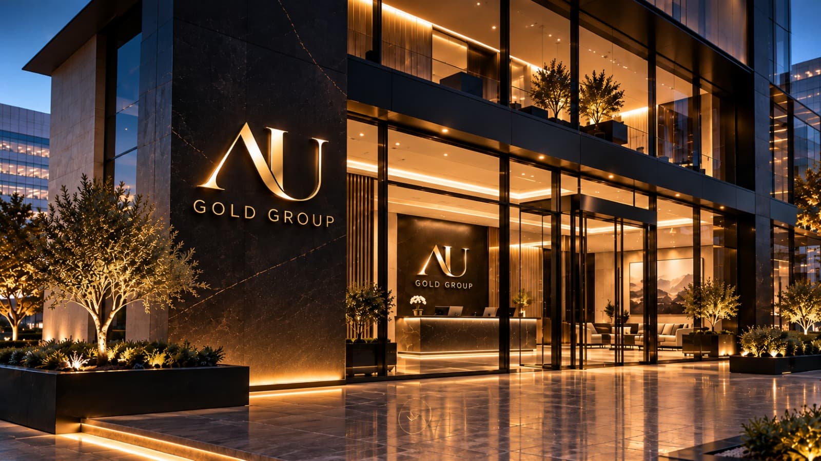 The AU Gold Group headquarters lit up at night