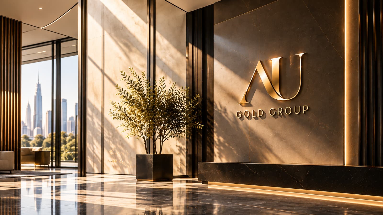 AU Gold Group office with the gold logo on marble