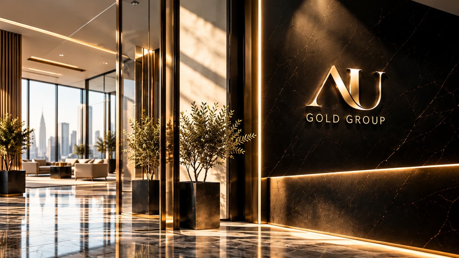 AU Gold Group reception with the gold logo on black marble
